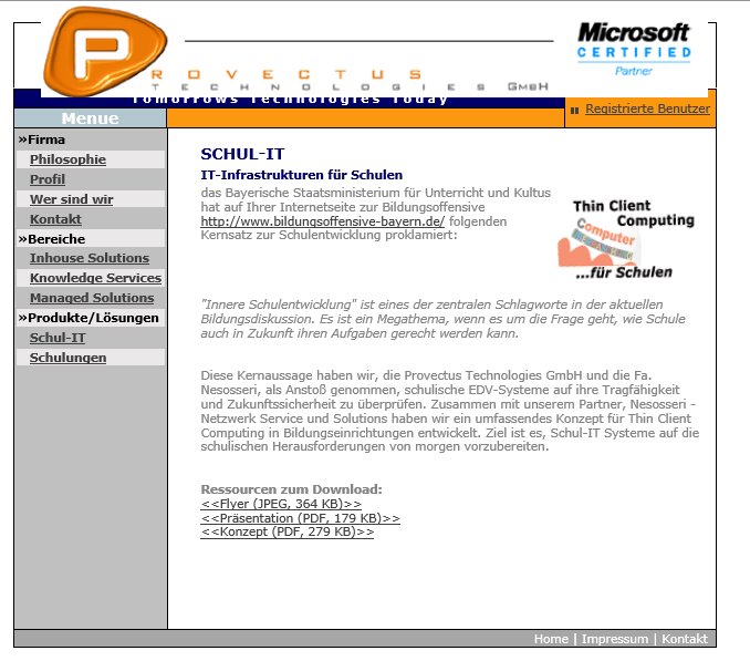 erste Webseite Provectus